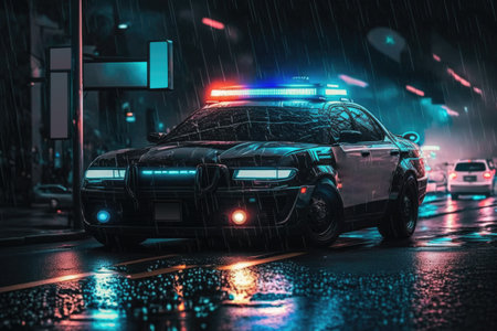 Police lights by night making in cyperpunk retrowave styleの素材