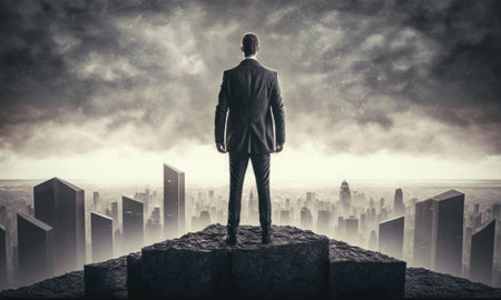 Businessman standing on a roof and looking at the cityの素材
