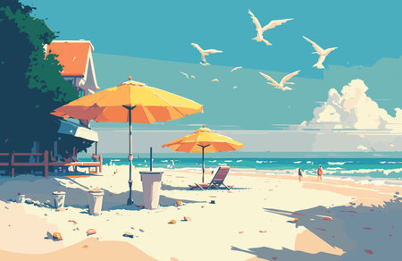 Summer Vacation Loungers On Sea Beach Landscape Beautiful Seascape Banner Seaside Holiday Vector Illustrationのイラスト素材