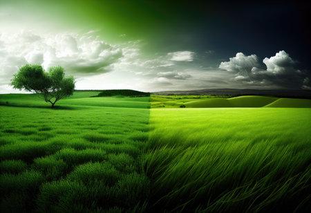 Wide image of green grass field separated on two sidesの素材