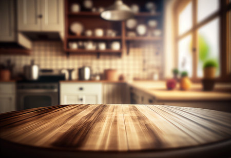 Empty wooden table top with lights bokeh on blur restaurant background.の写真素材