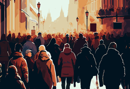 Stylized Ñrowd of people silhouettes of pedestrians in the street in bright sunshineのイラスト素材