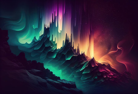 Abstract Aurora overlapping Northern Lights over the mountains backgroundの素材