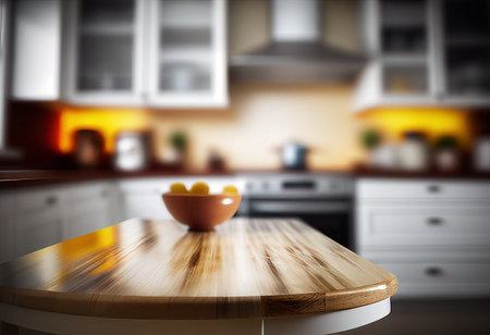Table top with blurred kitchen interior backgroundの写真素材