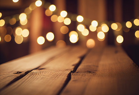Wood board table in front of Christmas warm gold garlandの写真素材