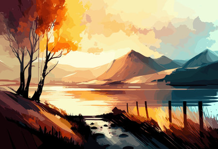 Hand painted landscape beautiful artistic background. Abstract art template with paint elements.のイラスト素材