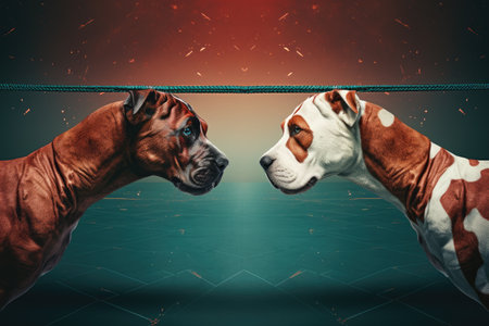 Two boxer dogs fight standing in front of each otherの素材