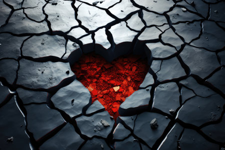 A broken heart. Drawing of a heart on a cracked surfaceの素材