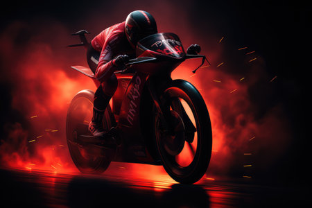 High power motorcycle with man rider at night. Fog with backlights and fire on background.の素材