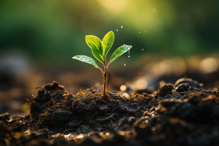 Sustainable growth concept. The seedling are growing from the rich soil to the morning sunlight that is shiningの素材