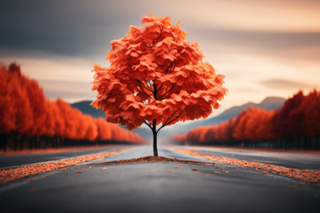 Autumn alone vivid tree on road conceptの素材