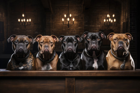 Dogs club. Group of bulldogs sitting at the barの素材