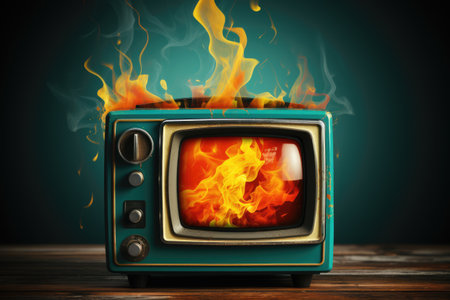 Retro TV burning in old room. illustration conceptの素材