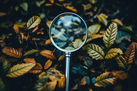 Magnifying glass on the leaves of autumn forestの素材