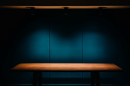 Minimalist Wooden Bench Against a Moody Blue Wallの素材