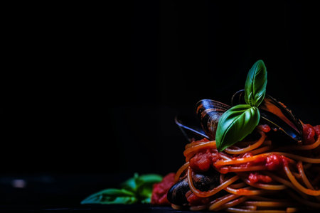 Succulent Seafood Spaghetti with Tomato Sauce and Fresh Basilの素材