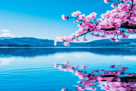 Tranquil Sakura Blossoms Over Serene Lakeの素材