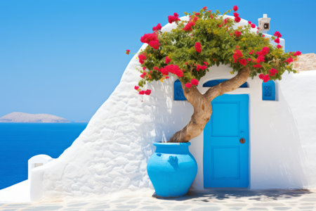 Mediterranean Charm Quaint White House with Vibrant Blue Accentsの素材