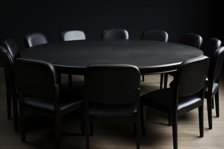 Modern Boardroom with a Sleek Black Table and Chairsの素材