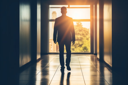 Silhouetted Businessman Approaching in a Sunlit Corridorの素材