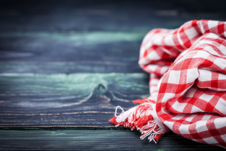 Classic Red and White Checkered Kitchen Towel on Wooden Backgroundの素材