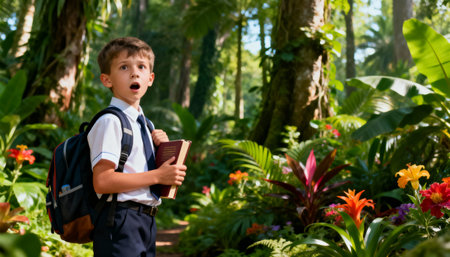Young student boy with book in a wonderful fairy story in the jungle. Concept of reading books for childrenの素材