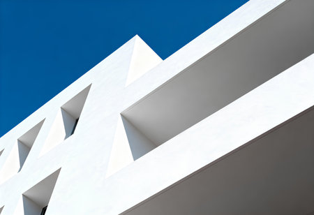 Modern White Architectural Design Against Clear Blue Skyの素材