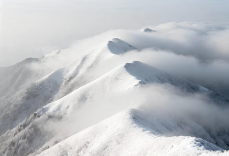 Majestic Snow-Capped Mountains Shrouded in Mistの素材