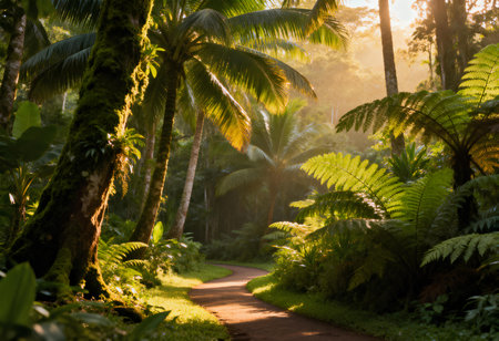 Serene Tropical Forest Path at Sunriseの素材