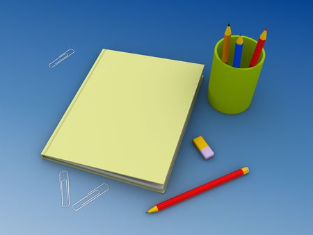 Colorful composition of notebook, pencils and eraserの写真素材