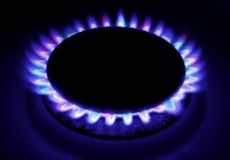 Gas burner flame in darkの写真素材