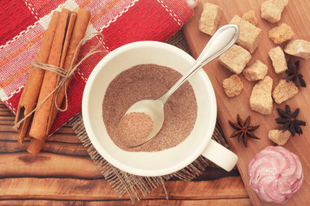 Hot coffee drink powder with cane sugar top viewの写真素材