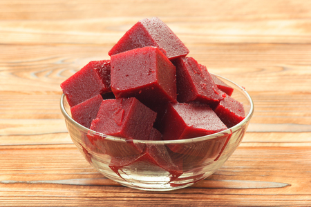 Cubes of natural sweet cherry jam in bowlの写真素材