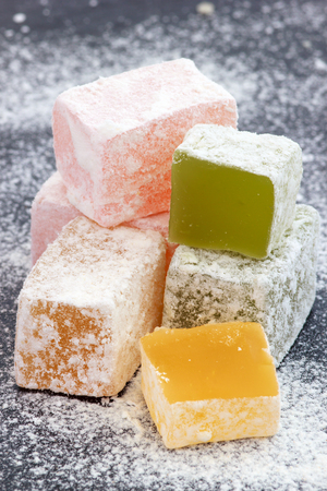 Turkish delight jelly sweet candy with sugar powderの写真素材
