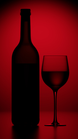 Elegant dark silhouettes of wine bottle and crystal glass with wine drink on red background 3d renderの写真素材