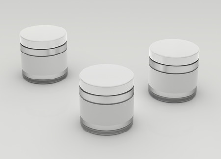 Set of cosmetics jars with empty labels mockup, 3d render with copy spaceの写真素材