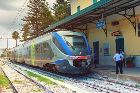Tropea, Italy - September 10, 2019: Train station of Tropea town in South Italy Calabria region. Train is waiting for departure from station Tropeaのeditorial素材