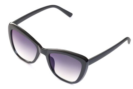 Cat eye shape style sunglasses on white background. Trendy full rim uv protective accessory. Female design glasses with gradient lens color.の写真素材