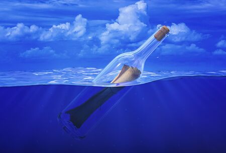 Message in bottle. Wine bottle corked with paper letter in ocean. Symbol of rescue signal for help or SOS, 3d renderの写真素材