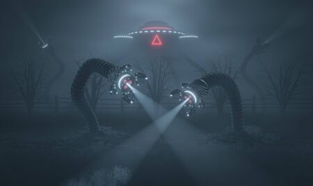 Scary foggy landscape with invaders. Robotic fantastic machine monster with tentacles on countryside road. 3d renderの写真素材