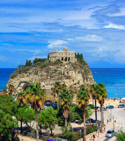 Tropea, Italy - September 10, 2019: The view on the Sanctuary of Santa Maria dell'Isola church on rock in blue sea. Scenic landscape of famous symbol of South Italy region Calabria and Vibo Valentiaのeditorial素材