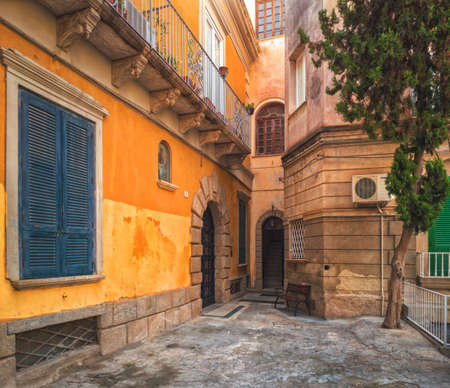 Tropea, Italy - September 10, 2019: The architecture of old Tropea town. View on italian building walls on street.のeditorial素材