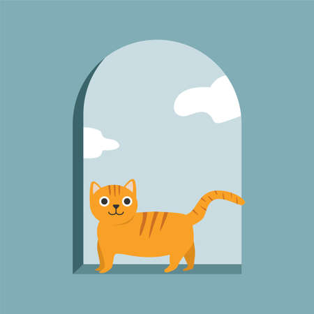 vector illustration of orange cat hang out at the window perfect for wall decort and printingのイラスト素材