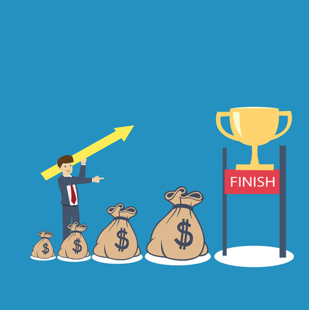 businessman with yellow arrow and finish line. How to concept. flat design. vector illustrationのイラスト素材