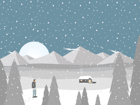 Little cottage in the snow landscape. flat design background. vector illustrationのイラスト素材