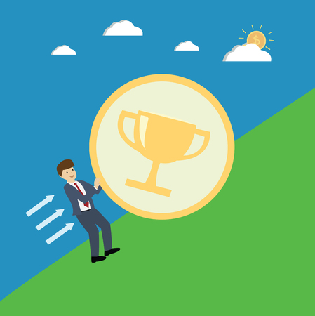 Businessman pushing icon up to the hill. Business concept. flat design. vector illustrationのイラスト素材