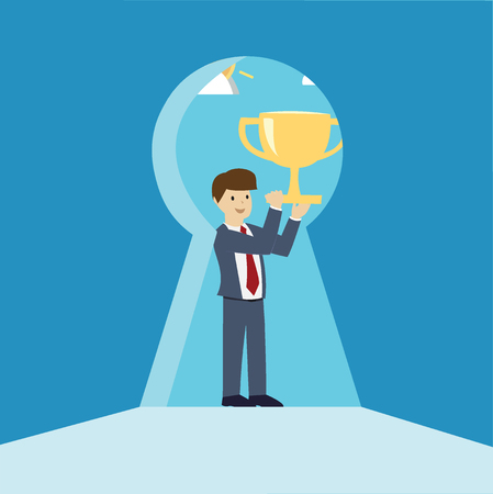 Businessman with the trophy cup : Business concept flat design vector illustrationのイラスト素材