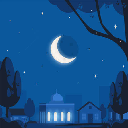 mosque at night in blue background color with luminous crescent, starry sky, houses, buildings, trees, leaves. Landscape Illustration of Ramadan Night for Islamic or Muslim festivitiesのイラスト素材