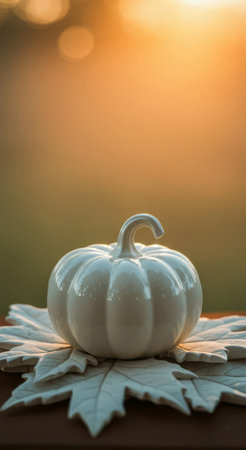 Decorative glossy white porcelain pumpkin centerpiece on white ceramic Fall leaves and berries table decor and soft-focus warm orange-golden fog glow background, 2x3 aspect ratio.の素材