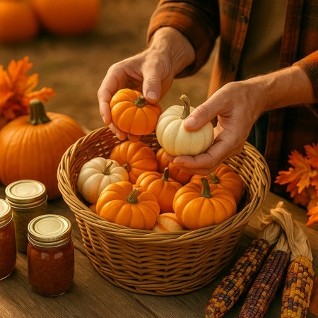 Autumn-themed pumpkins basket arrangement, on a farmerâs market table display of pumpkins, corn and canning jars, beautiful, golden-magic hour light, 1x1 square aspect ratio.の素材